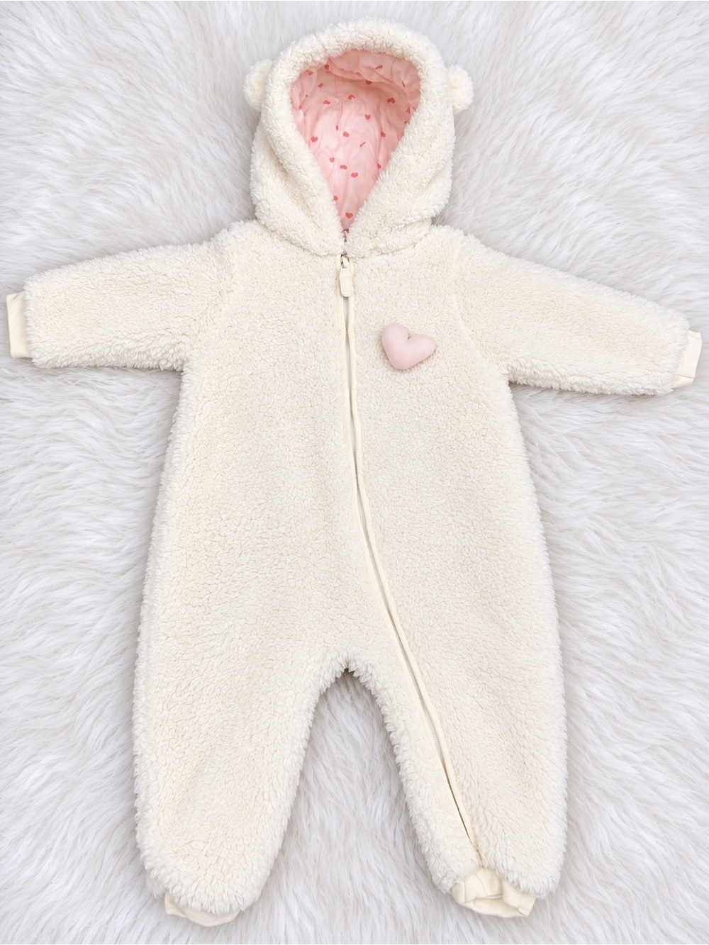 Plush Cream Sherpa Baby One-Piece with Pink Heart Lining